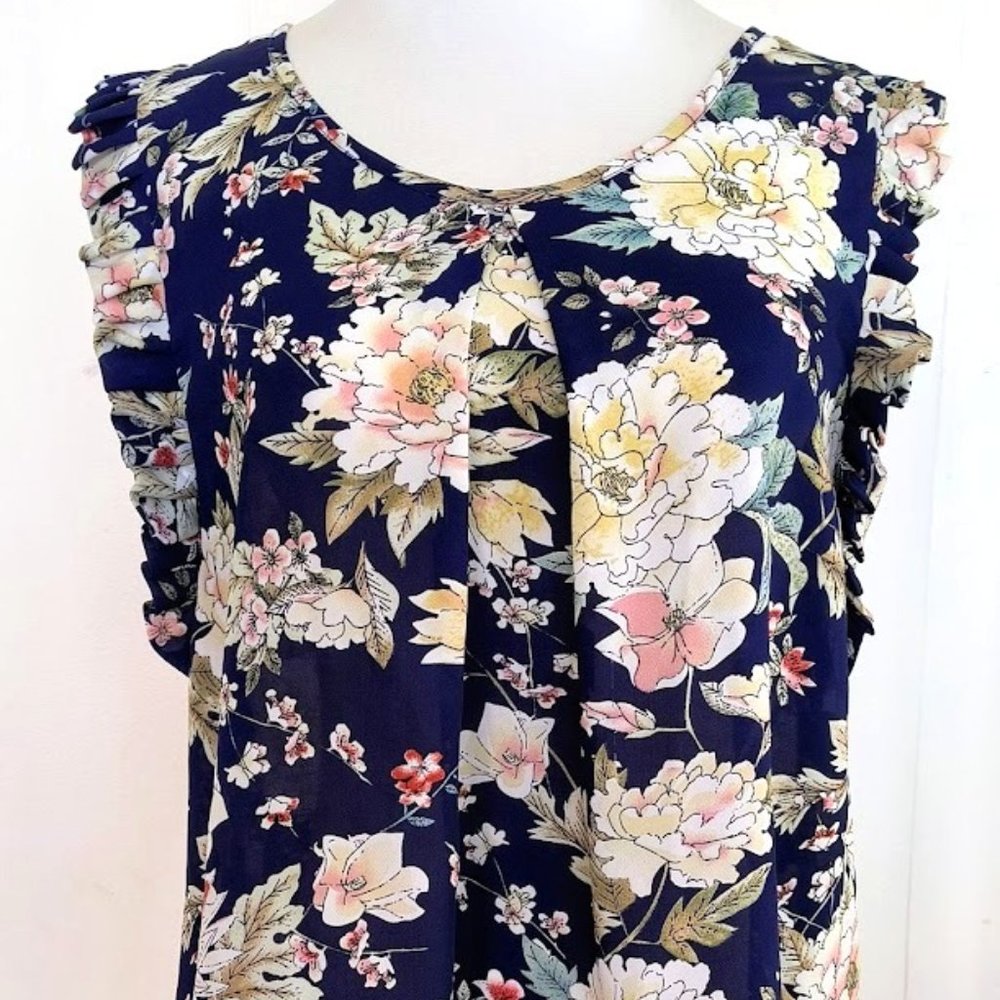 Molly Bracken Navy Blue Floral Print Ruffle Cap Sleeve Blouse